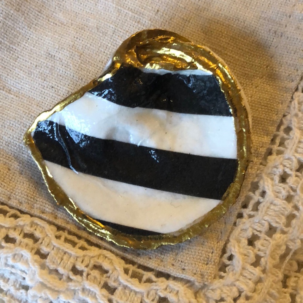 Black & White Striped Découpage Oyster Shell Trinket Dish